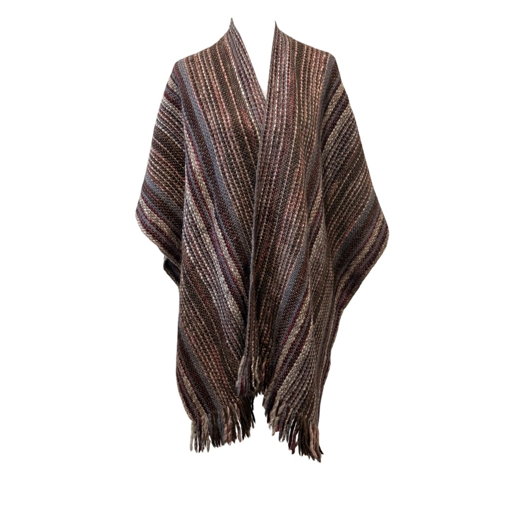 Peruvian Connection Poncho Women One Size Brown 100% Wool Fringed Knit Wrap